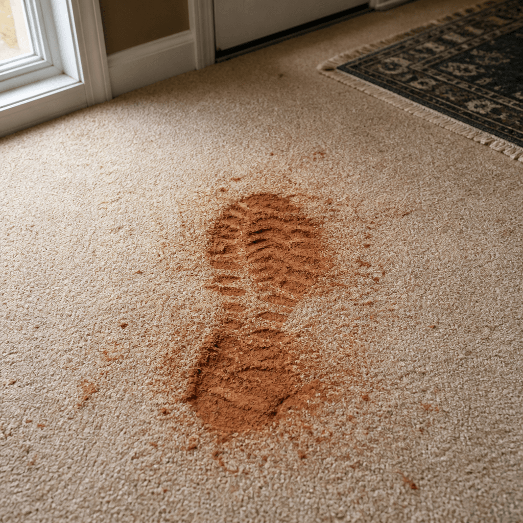 Carolina red clay tracked onto residential carpet near entryway