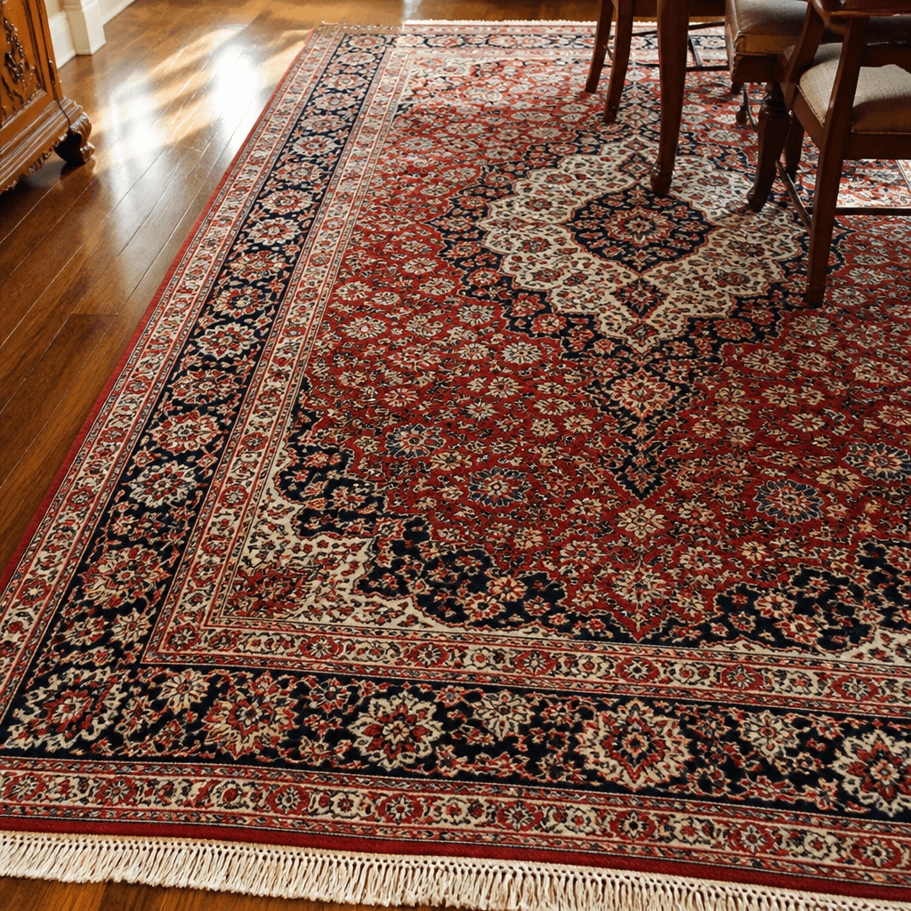 Hand-knotted Persian wool oriental rug on polished hardwood