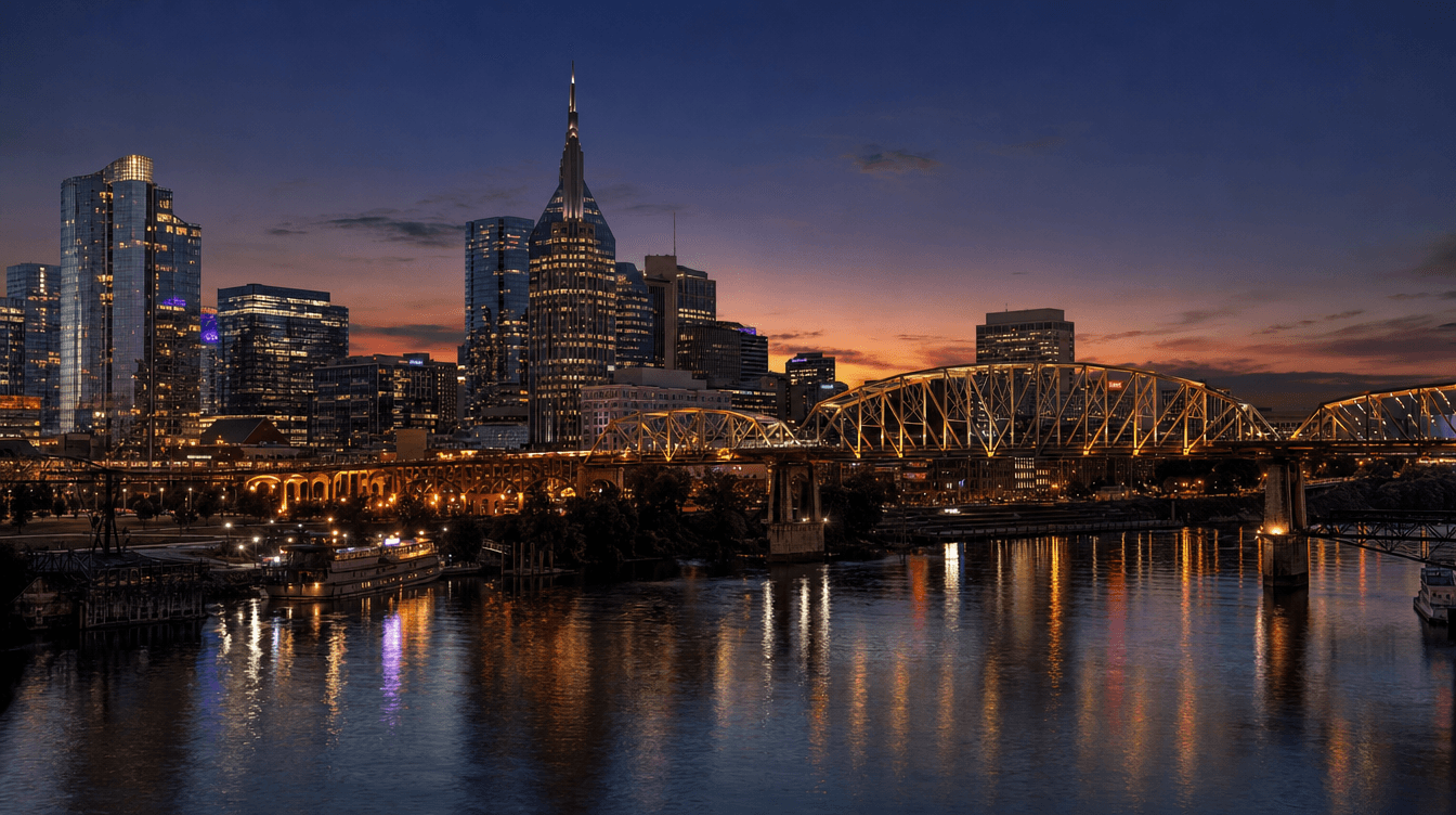 Nashville TN downtown skyline at dusk across the Cumberland River