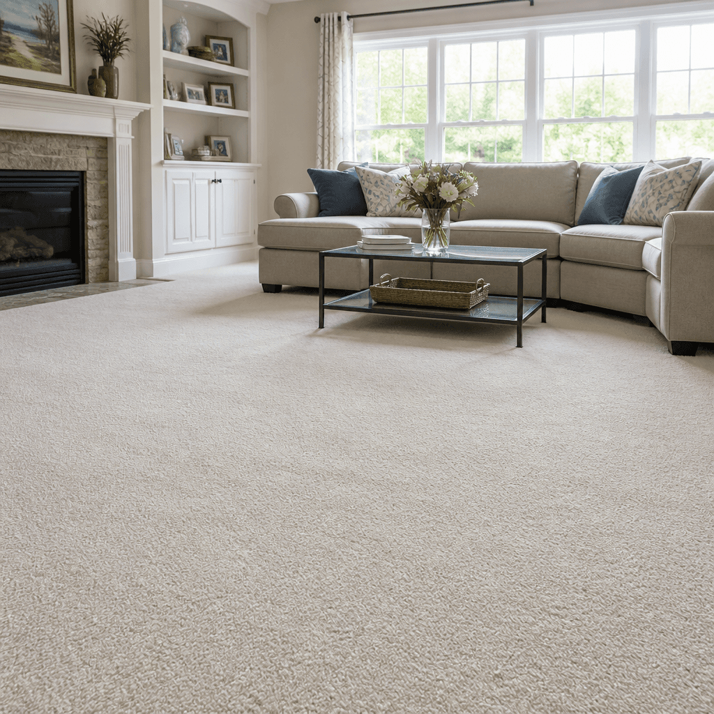 Freshly cleaned residential living room with cream wall-to-wall carpet